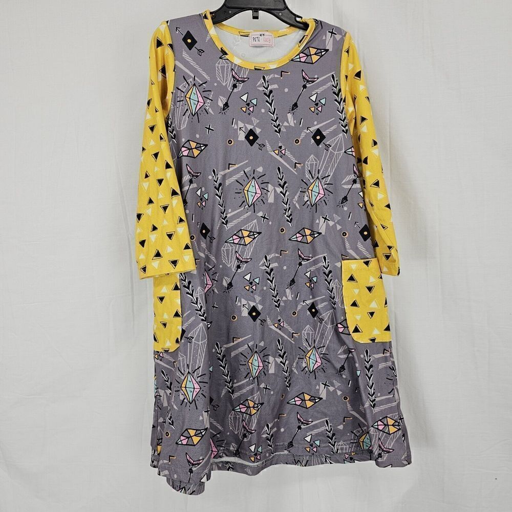 Pete Lucy Girls Size 5 Gray Yellow Geormetric Print Long Sleeve Dress Pockets